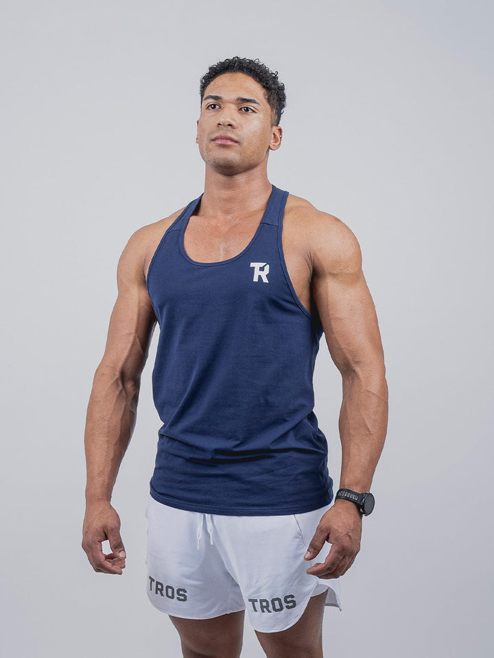  Tank Top, Colección Iron Born, Polera Azul y Negra, Ajuste ajustado, Espalda abierta, 95% Algodón, 5% Spandex, Ropa deportiva, Estilo de vida activo, Calidad, Diseño moderno.